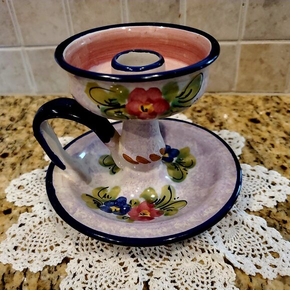 Vintage Signed Handmade Handpainted Floral Candlestick Art Studio Pottery - Picture 2 of 4
